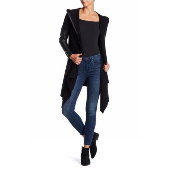 blanknyc denim faux leather trim long hooded jacket